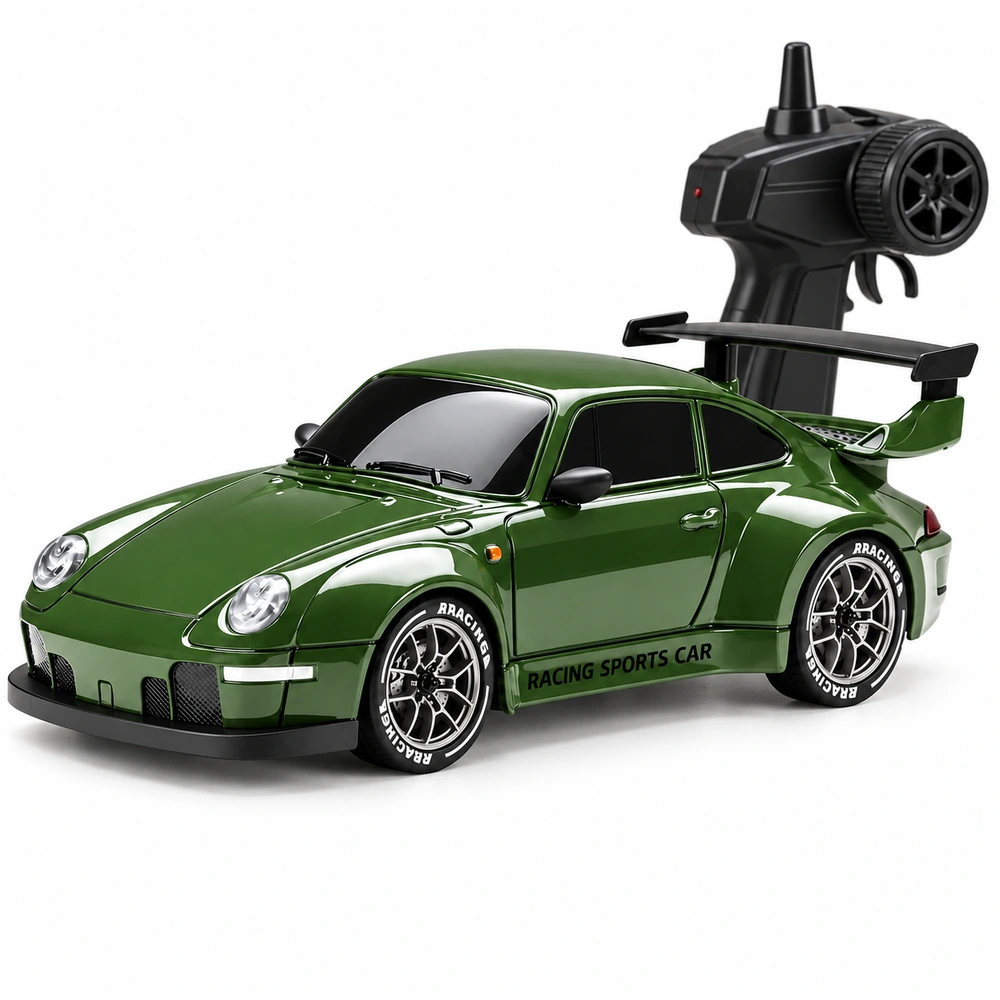 Carro RC Curvix verde e controle em fundo branco — imagem ilustrativa