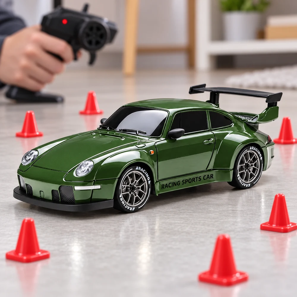 Carro RC em percurso de cones — cena publicitária ilustrativa