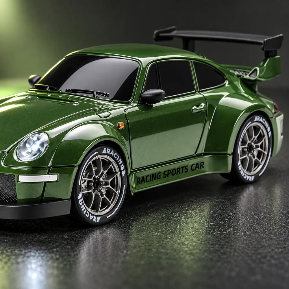 Detalhe das luzes LED do carro RC verde — imagem ilustrativa